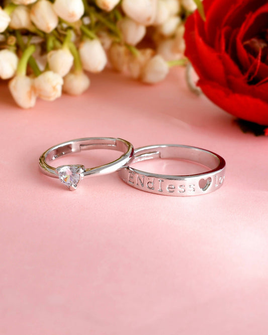 VOJ Stainless Steel Cubic Zirconia Silver Plated Adjustable Ring Set for Couple | Swadesiicart