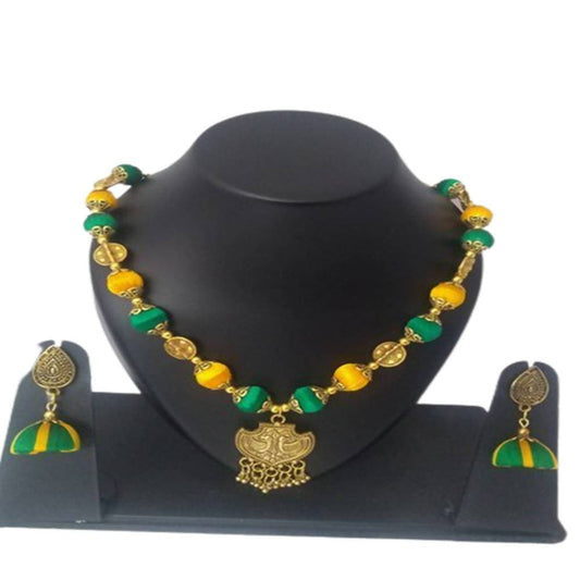 Kundan HandiKrafts Yellow And Green Silk Thread Necklace | Swadesiicart