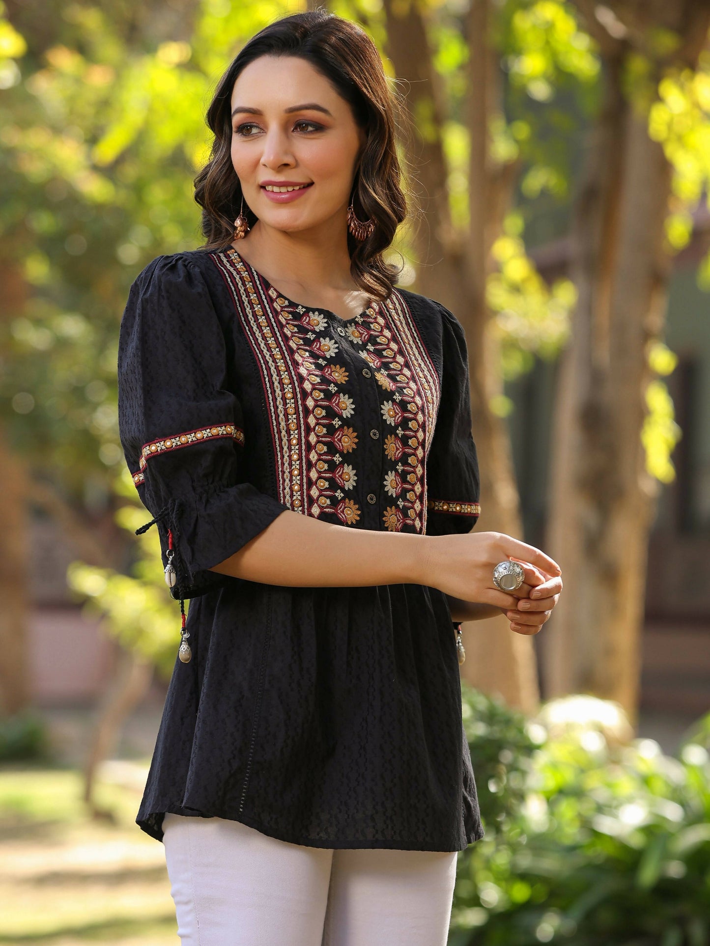 Juniper Women's Black Cotton Solid With Embroidered Straight Tunic | Swadesiicart