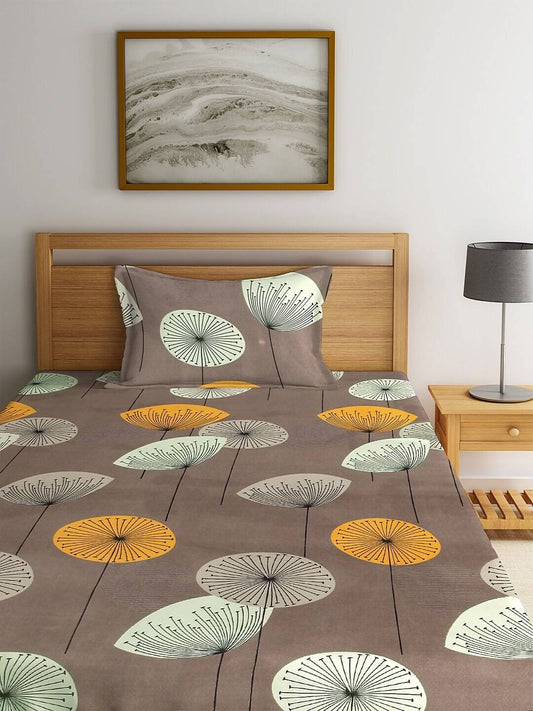 KLOTTHE Brown & Yellow Floral 210 TC Cotton Bedsheet with Pillow Cover - Swadesiicart