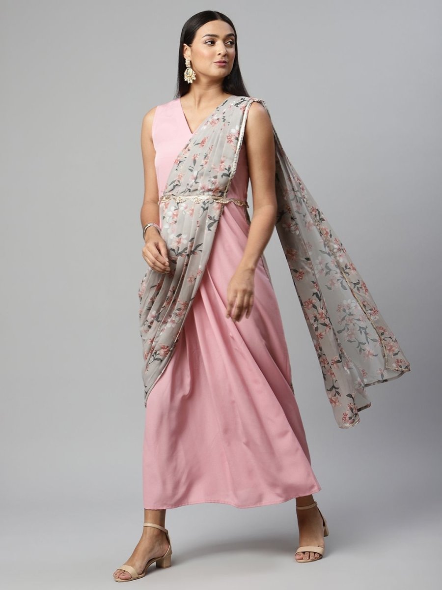 Ahalyaa Women Baby Pink Crepe Georgette Saree Dress With Printed Pallu | Swadesiicart