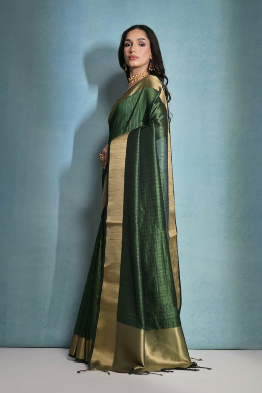 Vishnu Weaves Women's Bt-Green Raw Silk Zari Woven Saree with Blouse - Swadesiicart