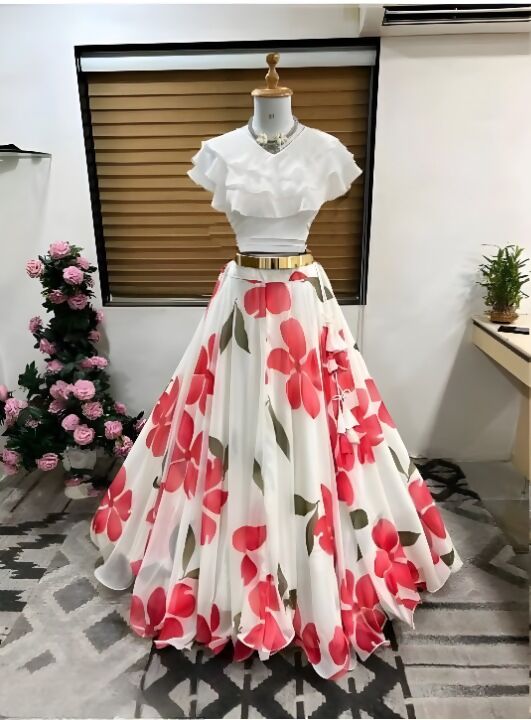 Dishitha Creation Floral Printed Stitched Lehenga & Crop Top - White & White | Swadesiicart