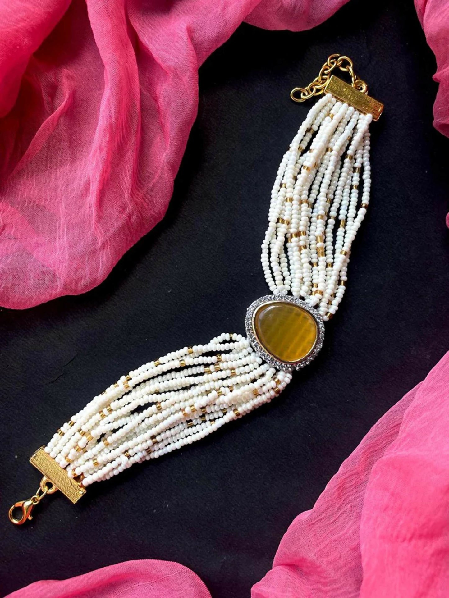 Joban Fashion Musturd Brass Ad With Monalisa Stone Beaded Bracelet | Swadesiicart