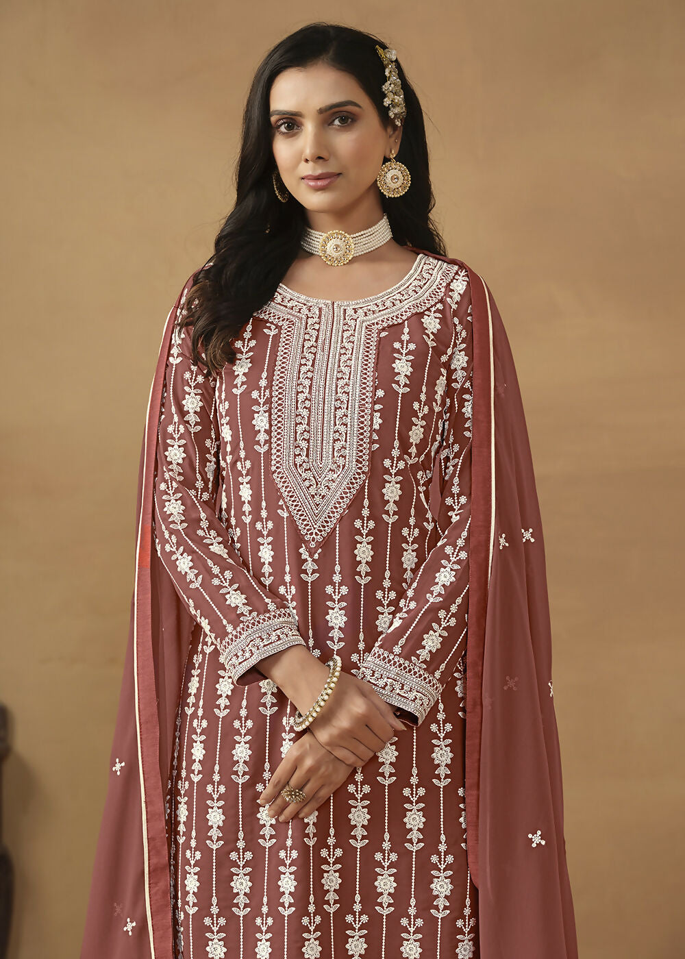 Radiant Brown Embroidered Wedding Festive Gharara Suit - Emponline | Swadesiicart