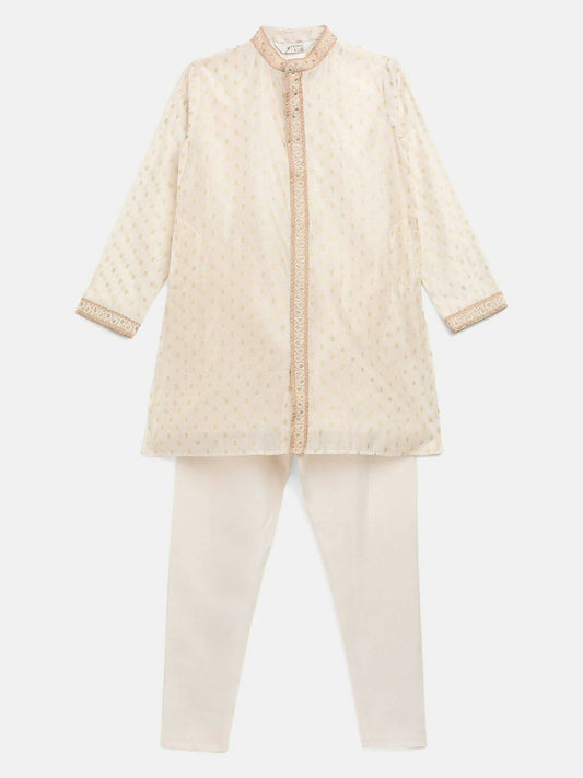 Ahalyaa Cream Chanderi Gold Print Kids Kurta Churidar Set For Boys | Swadesiicart
