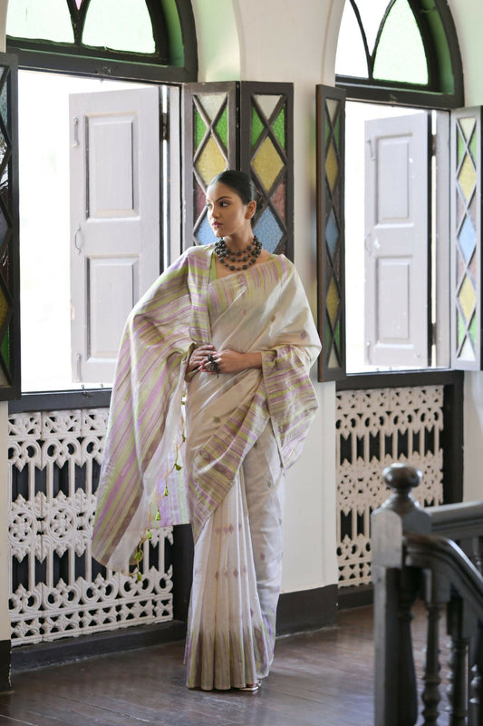 Vishnu Weaves Women's Mahendi Muga Cotton Saree with Blouse - Swadesiicart