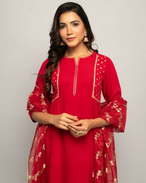 FIORRA Women's Red Creap A-Line Kurta Palazzo Set With Dupatta - Swadesiicart