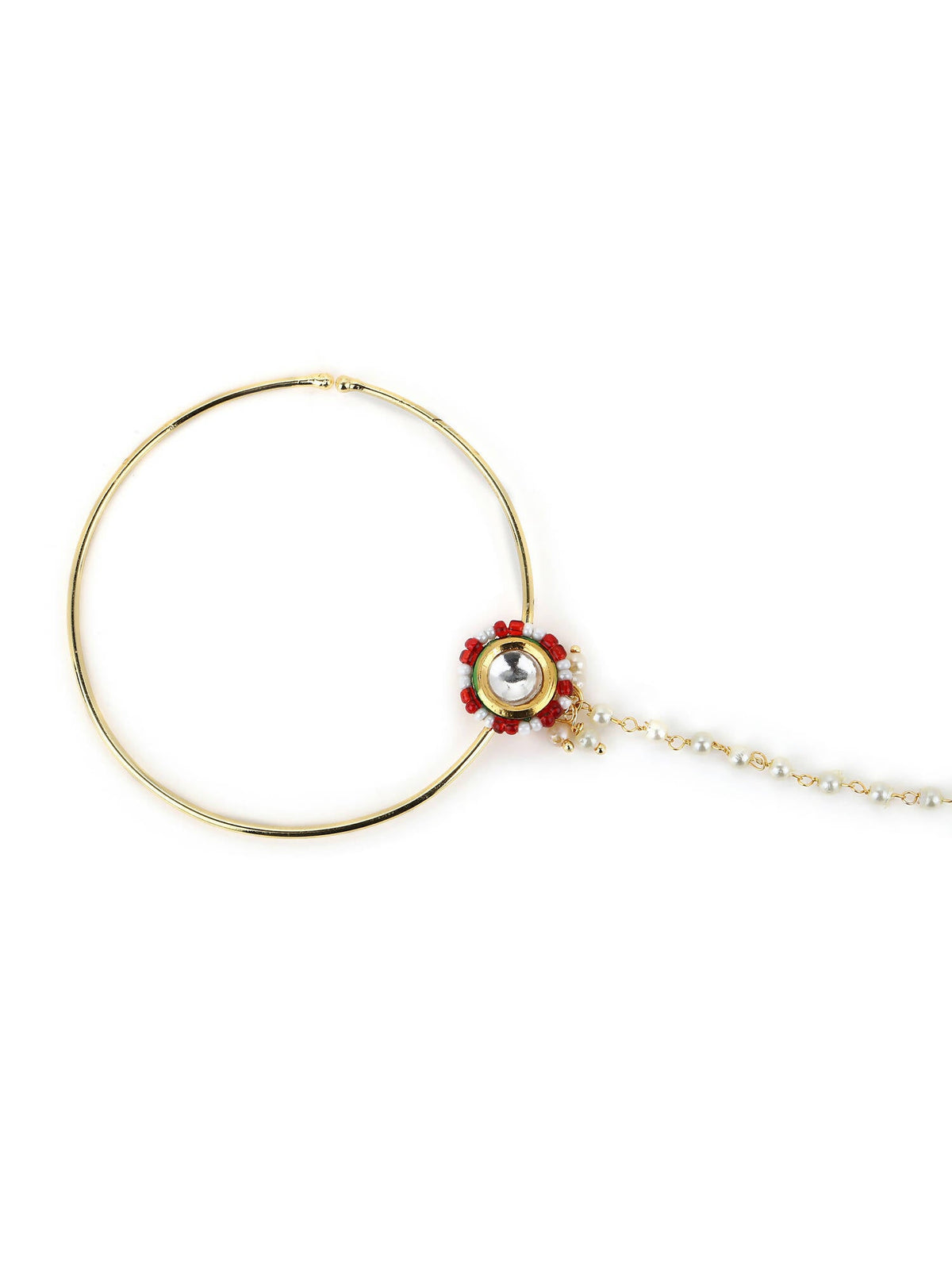 Gold-Pleated Red White Kundan Studded Beaded Chained Nosepin - Ruby Raang