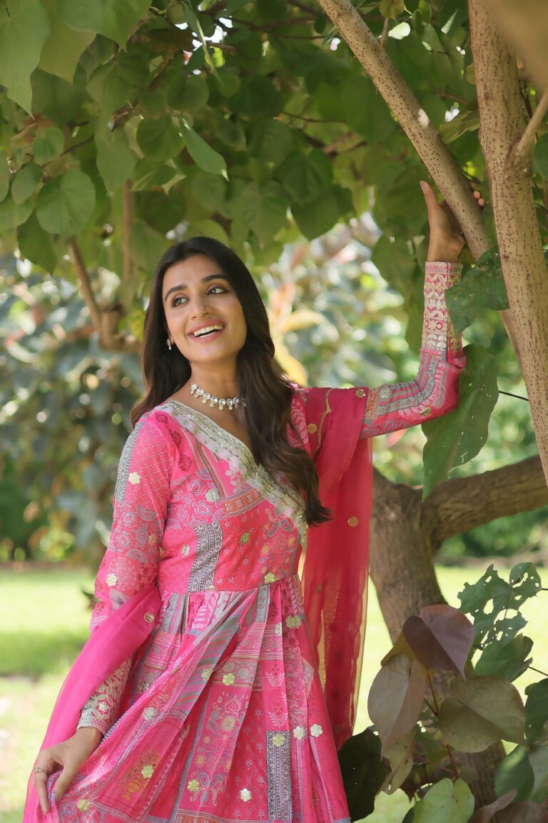 Jyoti Fashion Women's Pink Russian Silk Digital Print with Embroidered Anarkali Dress with Dupatta | Swadesiicart