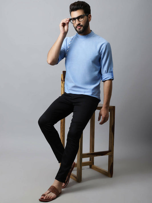 Even Apparels sky Blue Color Pure Cotton Men's Kurta With Side Placket (MMS503) | Swadesiicart
