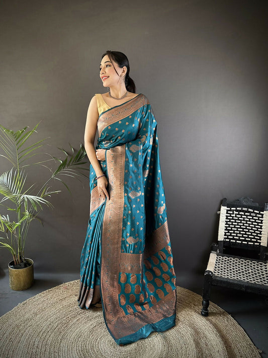 Joban Fashion Banarasi Blue Woven Soft Silk Saree | Swadesiicart
