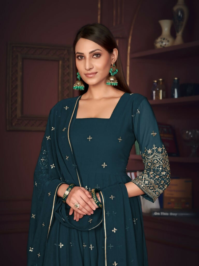 Jyoti Fashion Women's Rama Georgette Embroidered Anarkali Kurta Pant Set With Dupatta | Swadesiicart