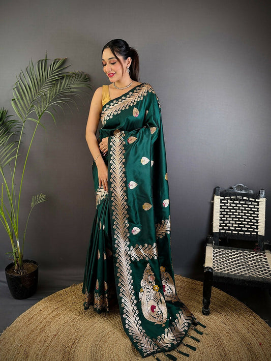 Joban Fashion Banarasi Deep Teal Woven Soft Silk Saree | Swadesiicart