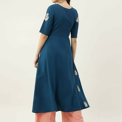 FIORRA Women's Blue Poly Crepe Flared Kurta - Swadesiicart