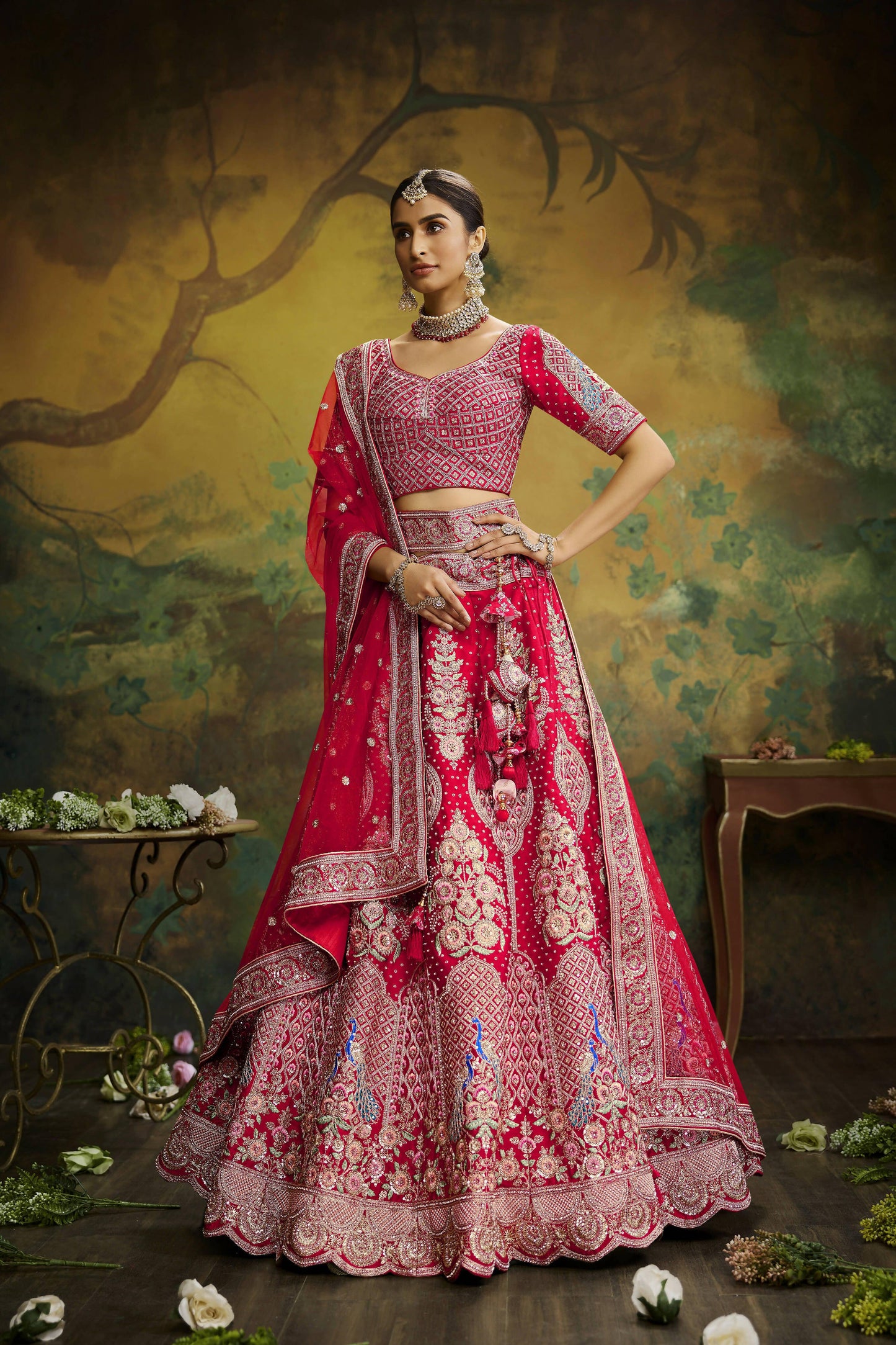 House of Panchhi Red Pure Silk Moti & Zarkan heavy embroidery Lehenga choli & Dupatta | Swadesiicart