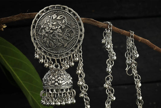 Mominos Fashion Johar Kamal Trendy Oxidized Silver Plated Bahubali Jhumkas