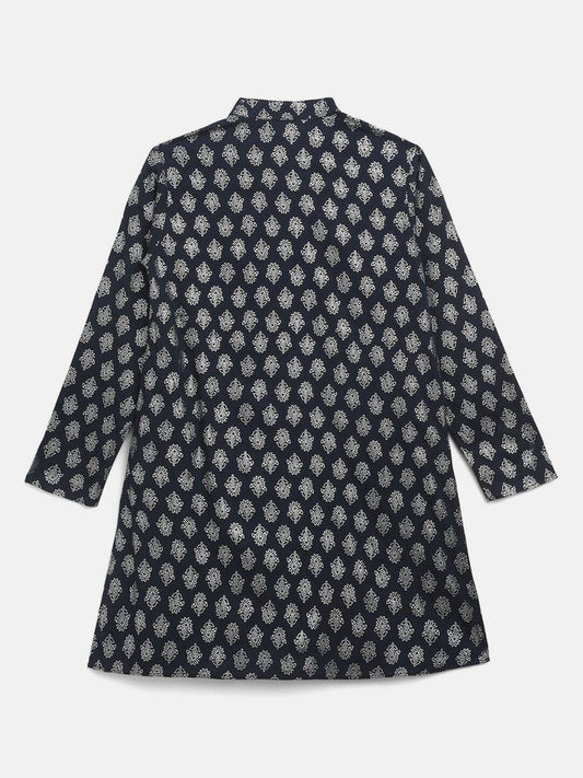 Ahalyaa Navy Blue Poly Rayon Silver Foil Print Kids Kurta Churidar Set For Boys