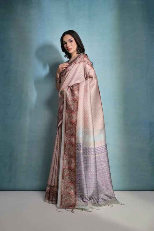 Vishnu Weaves Women's Chiku Cotton Silk Zari Woven Saree with Blouse - Swadesiicart