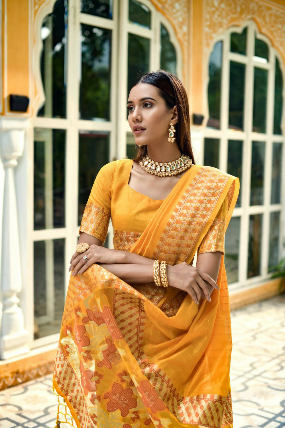Vishnu Weaves Women's Yellow Cotton Silk Zari Woven Butta Work Saree with Blouse - Swadesiicart