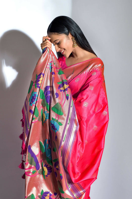 Vishnu Weaves Women's Rani Pink Paithani Silk Zari Woven Saree with Unstitched Blouse - Swadesiicart
