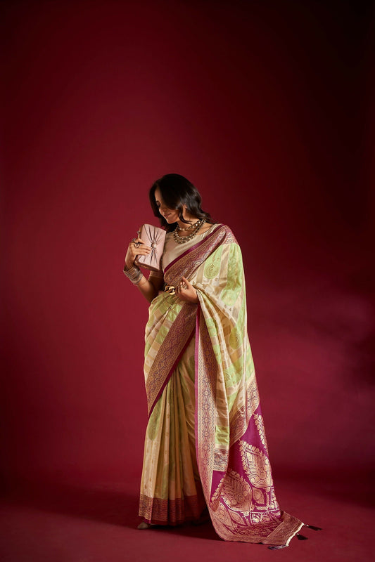 Joban Fashion Cream & Parrot Green Plain With Weaving Border Banarasi Silk Sarees | Swadesiicart