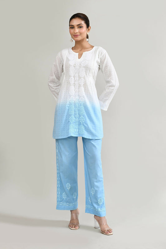 Joban Fashion Womens Cotton ChikanKari Sky Blue & White Cord set - Swadesiicart
