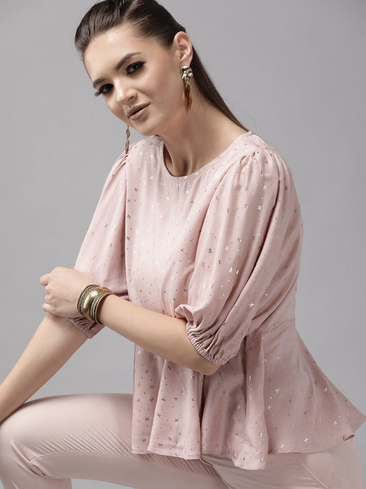 Ahalyaa Women Pink Rayon Gold Foil Print Tunic | Swadesiicart