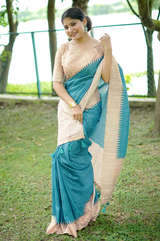 Vishnu Weaves Women's Firozi Tussar Silk Woven Saree with Blouse - Swadesiicart