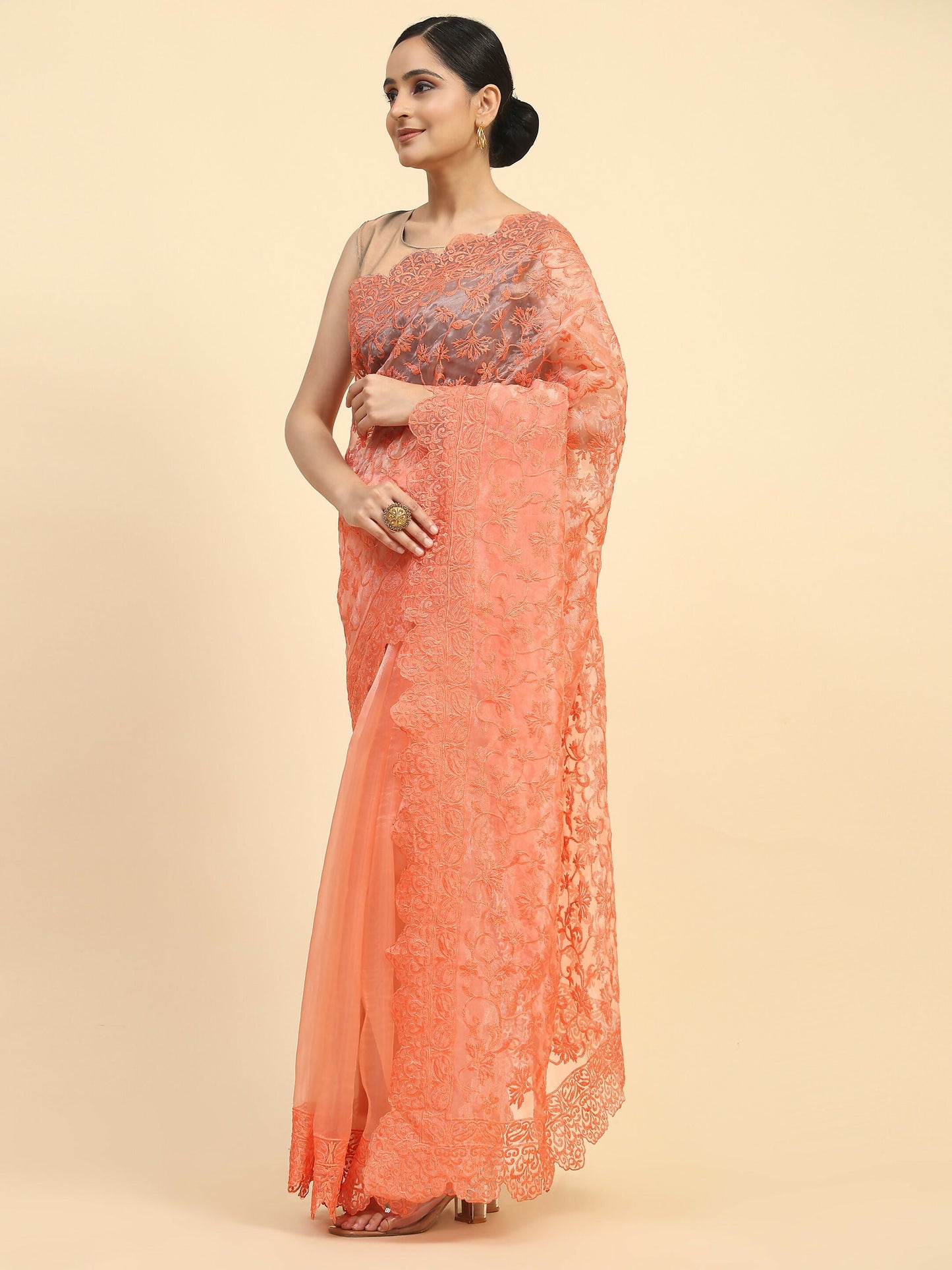 Vamsee Sujal Orange Organza Saree - Swadesiicart