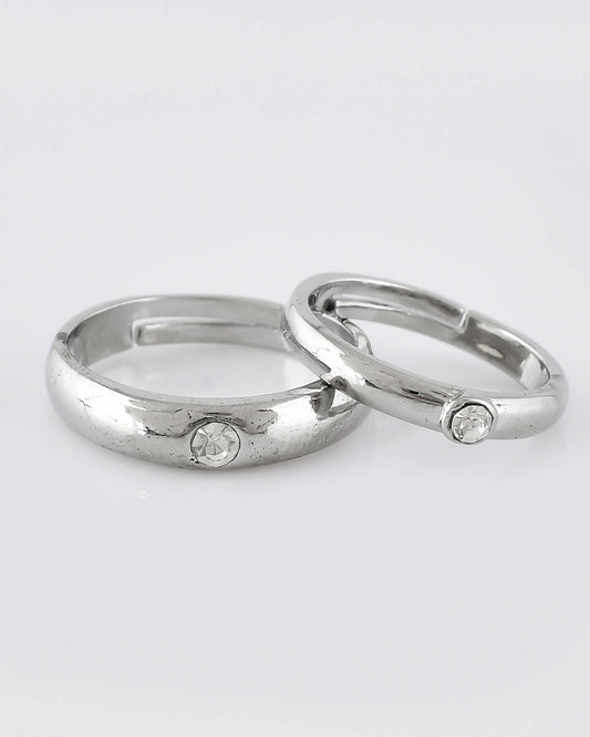 VOJ Stainless Steel Cubic Zirconia Silver Plated Adjustable Ring Set for Couple
