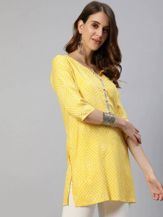 Anubhutee Yellow & White Bandhani Printed Kurti | Swadesiicart