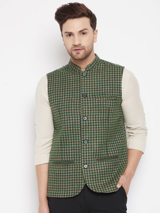 Even Apparels Green Wool Men Woven Nehru Jacket | Swadesiicart