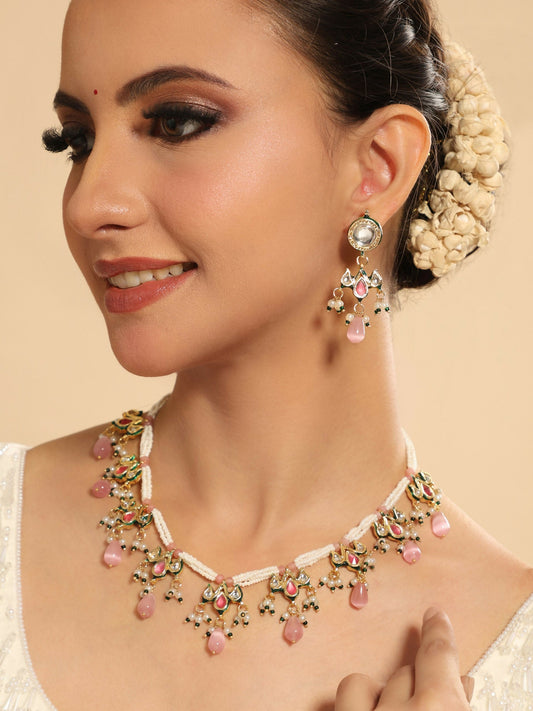 Nuyug 22K Gold Plated Pearl Empress Flora Pink Stone Drops Necklace Set | Swadesiicart