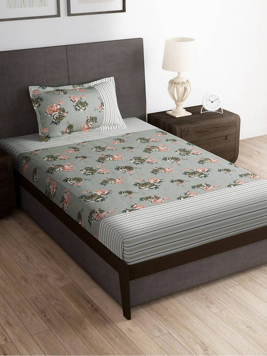 Story@home Arena Grey & Pink Floral Printed 180 TC Bedsheet & Pillow Covers - Swadesiicart