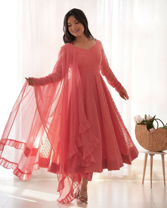Joban Fashion Peach Kurta Set Georgette Sequence Embroidery Work