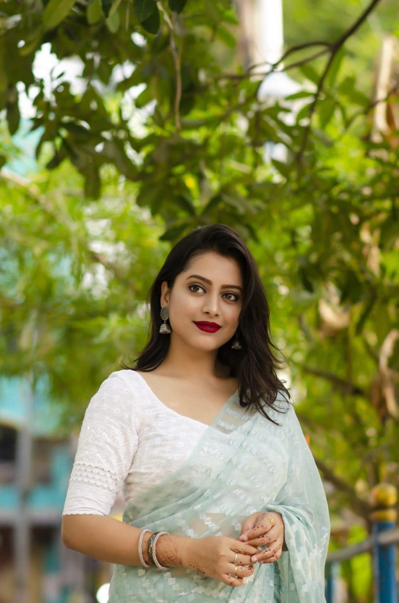 Blue Poly Chiffon Ethnic Motifs Saree with Unstitched Blouse - Hiral Fashion | Swadesiicart