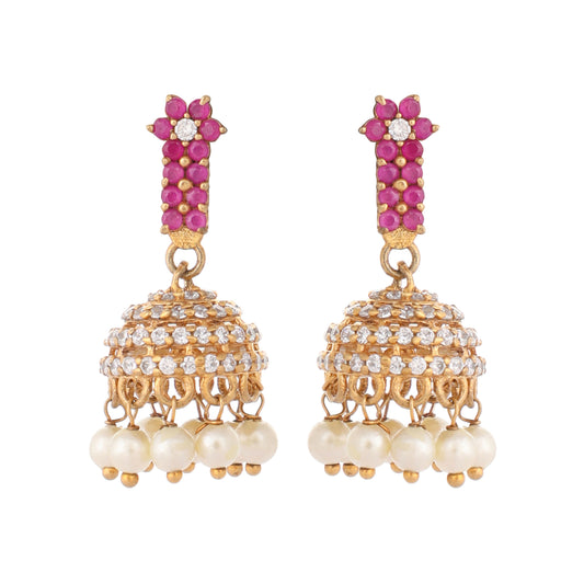 Nuyug 22K Gold Plated Pearl 7 Colored Stone Studded Contemporary Shaped Pink Mini Jhumkas | Swadesiicart