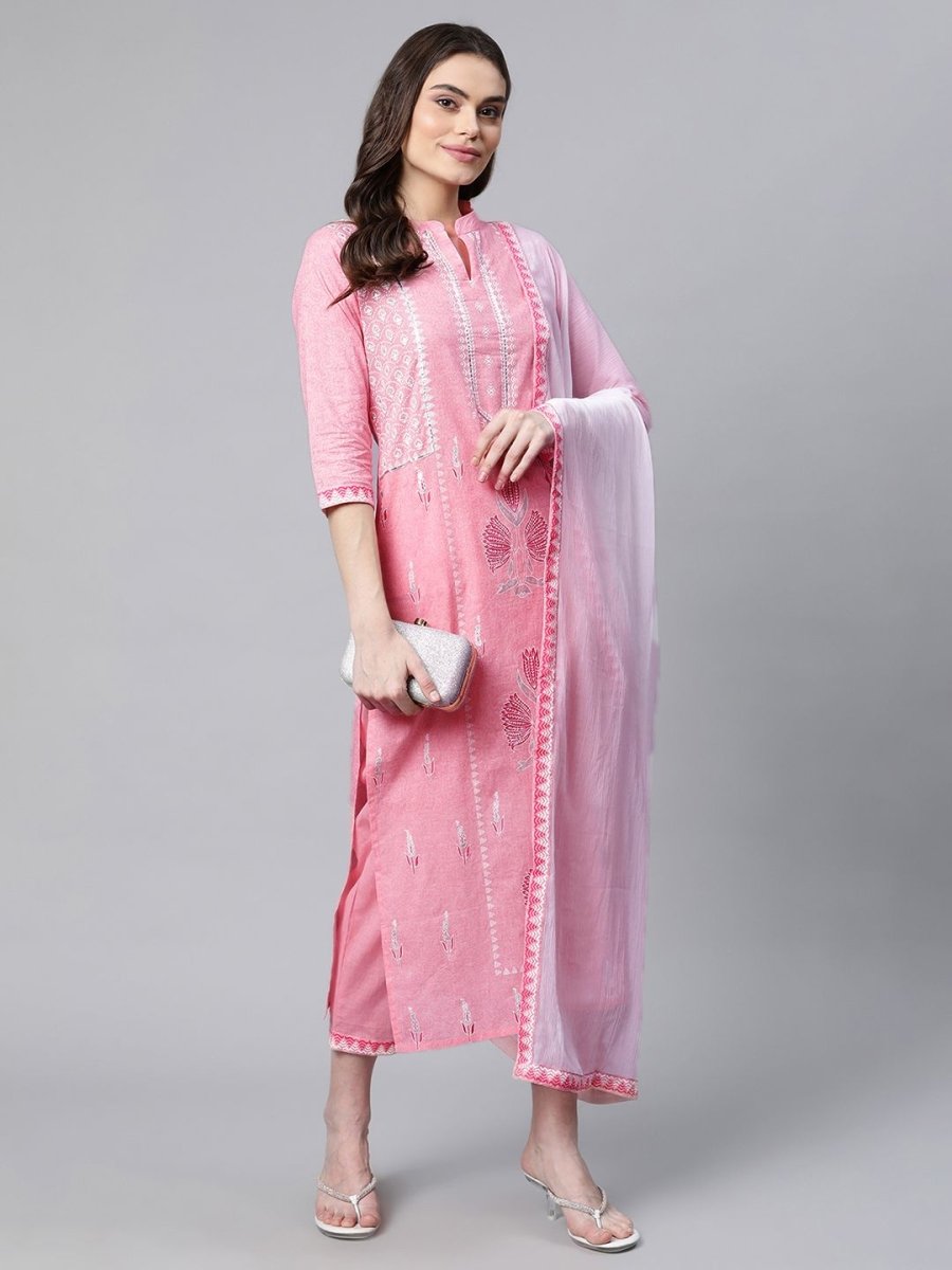 Ahalyaa Women Light Pink Colour Pure Cotton Printed Kurta Pant Set With Dupatta | Swadesiicart
