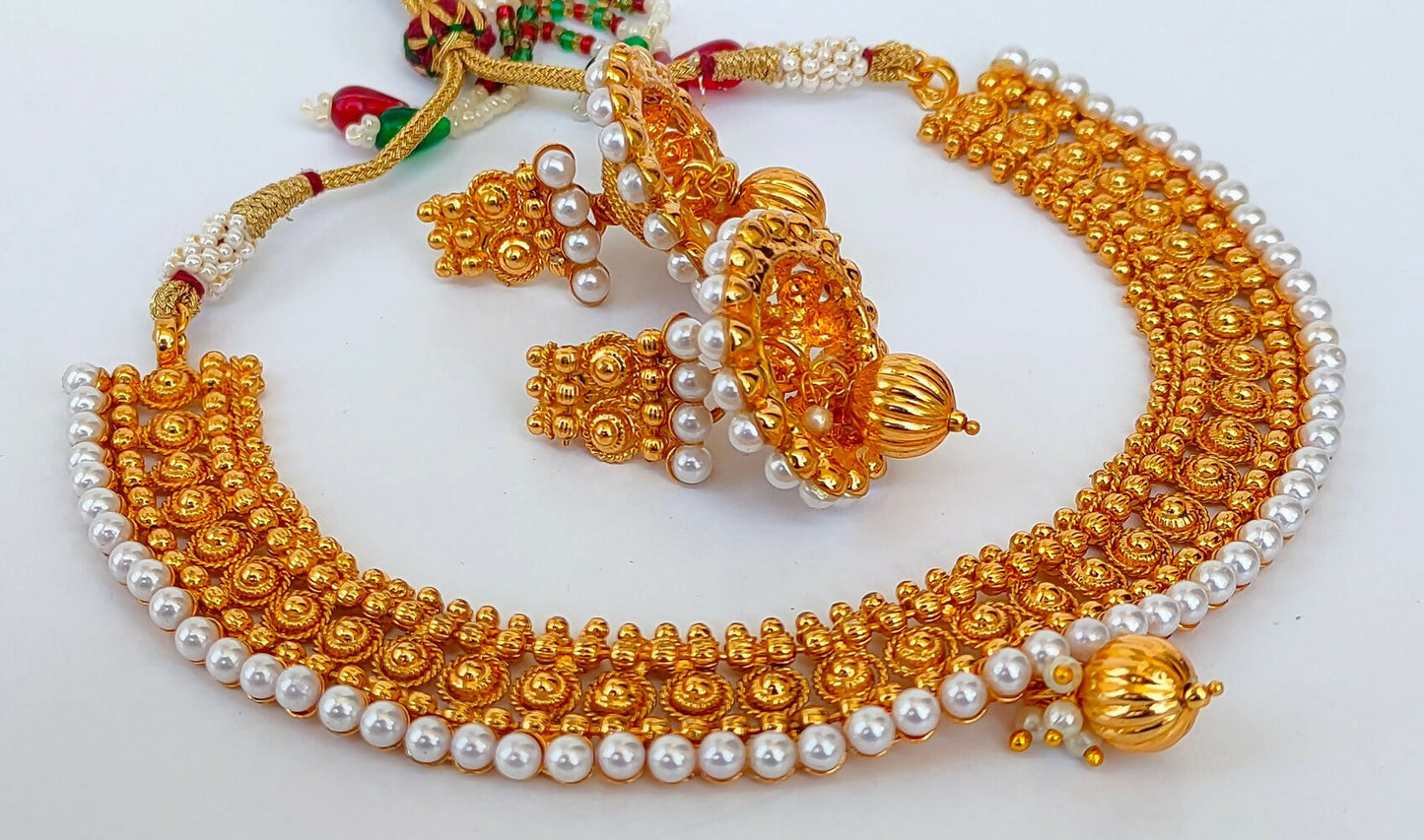 Designer Metallic Necklace Set With White Beads - Swadesiicart