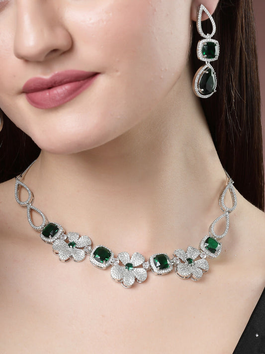NVR Women's Green & Silver-Plated American Diamond Handcrafted Jewellery Set - NR Retail-NVR