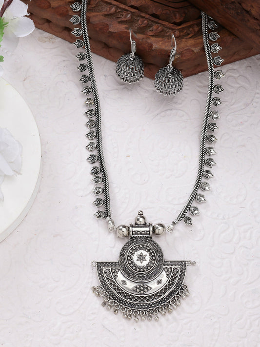 NVR Women's Silver-Toned German Silver Oxidised Necklace with Jhumka Earrings - NR Retail-NVR