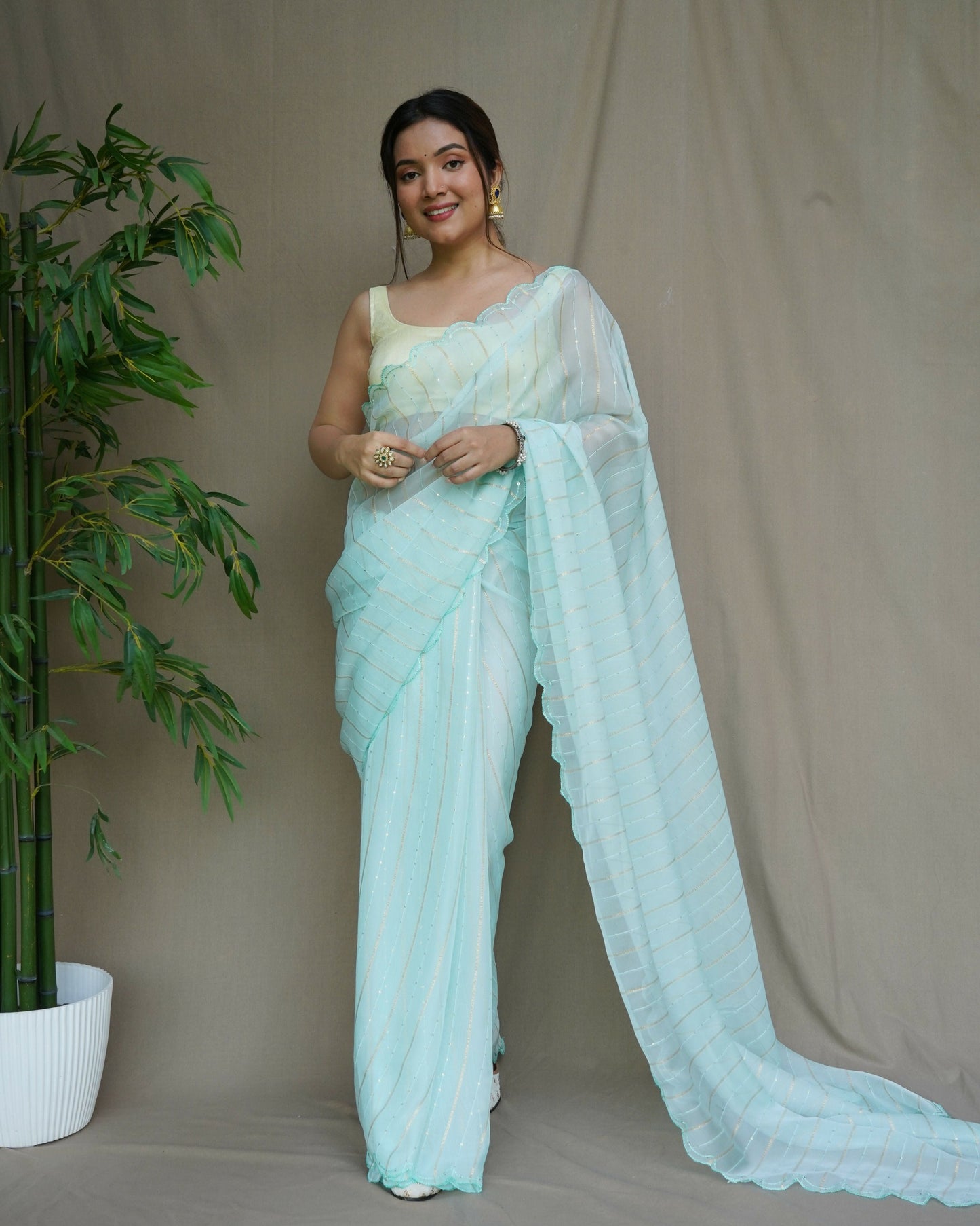 Vamsee Lining Organza Sea Green Chiffon Saree - Swadesiicart