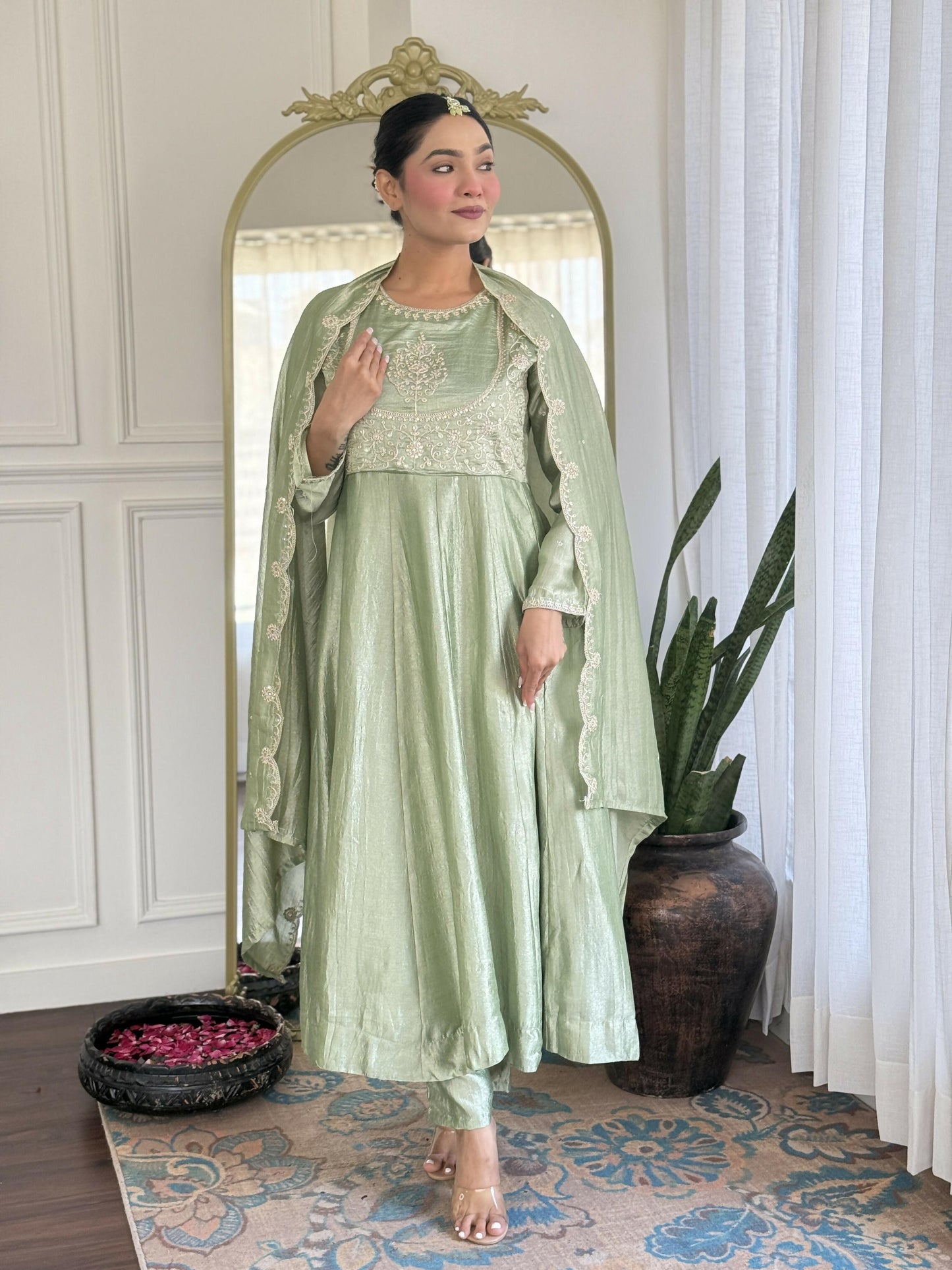 The52 Pista Women's Gorgeous Embroidered Vichitra Silk Fabric Flared Kurta Pant with Dupatta Set - Swadesiicart