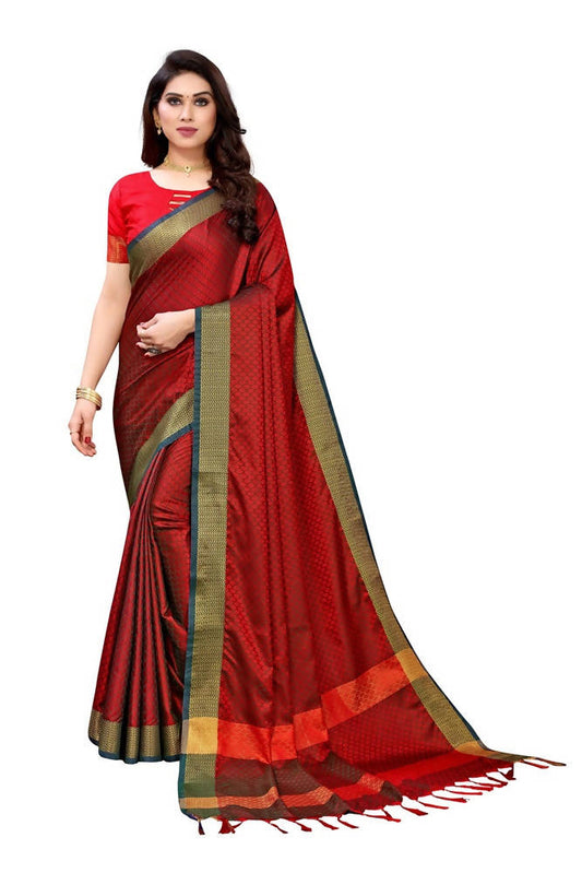 Vamika Banarasi Jacquard Weaving Red Color Saree | Swadesiicart