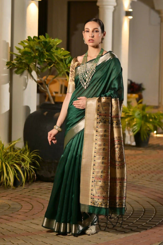 Vishnu Weaves Women's Green Soft Tussar Silk Printed Saree with Blouse - Swadesiicart