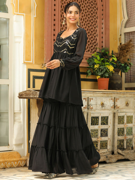 Janasya Black Georgette Sequined Tunic & Bottom | Swadesiicart