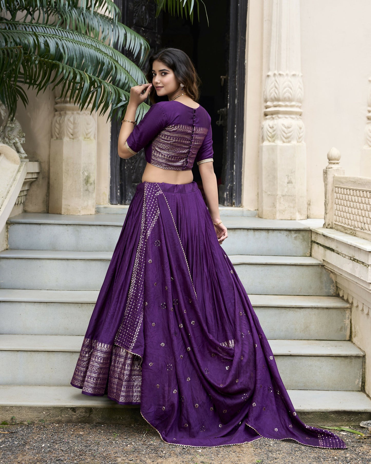 Lorenvalley Purple Pure Chanderi Plain With Zari Weaving Work Border Lehenga Choli | Swadesiicart