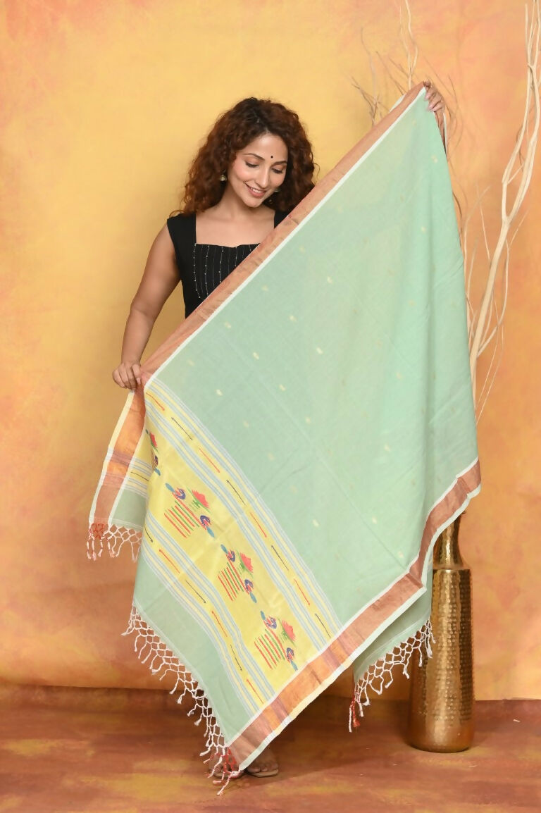 Very Much Indian Handloom Pure Cotton Paithani Dupatta - Sea Green | Swadesiicart