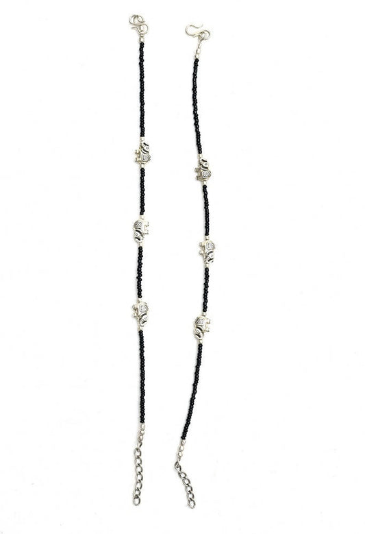 Mominos Fashion Kamal Johar Oxidised Elephant Design Silver/Black Anklets | Swadesiicart
